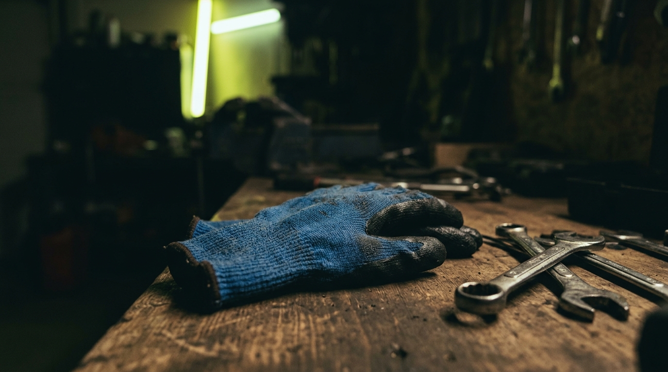 Arbeitshandschuhe EN 388: Schutzhandschuhe auf einer Werkbank mit Werkzeug