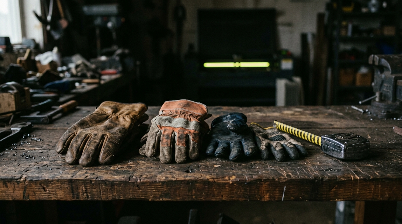 Arbeitshandschuhe Größe: Handschuhe und Maßband auf einer Werkbank