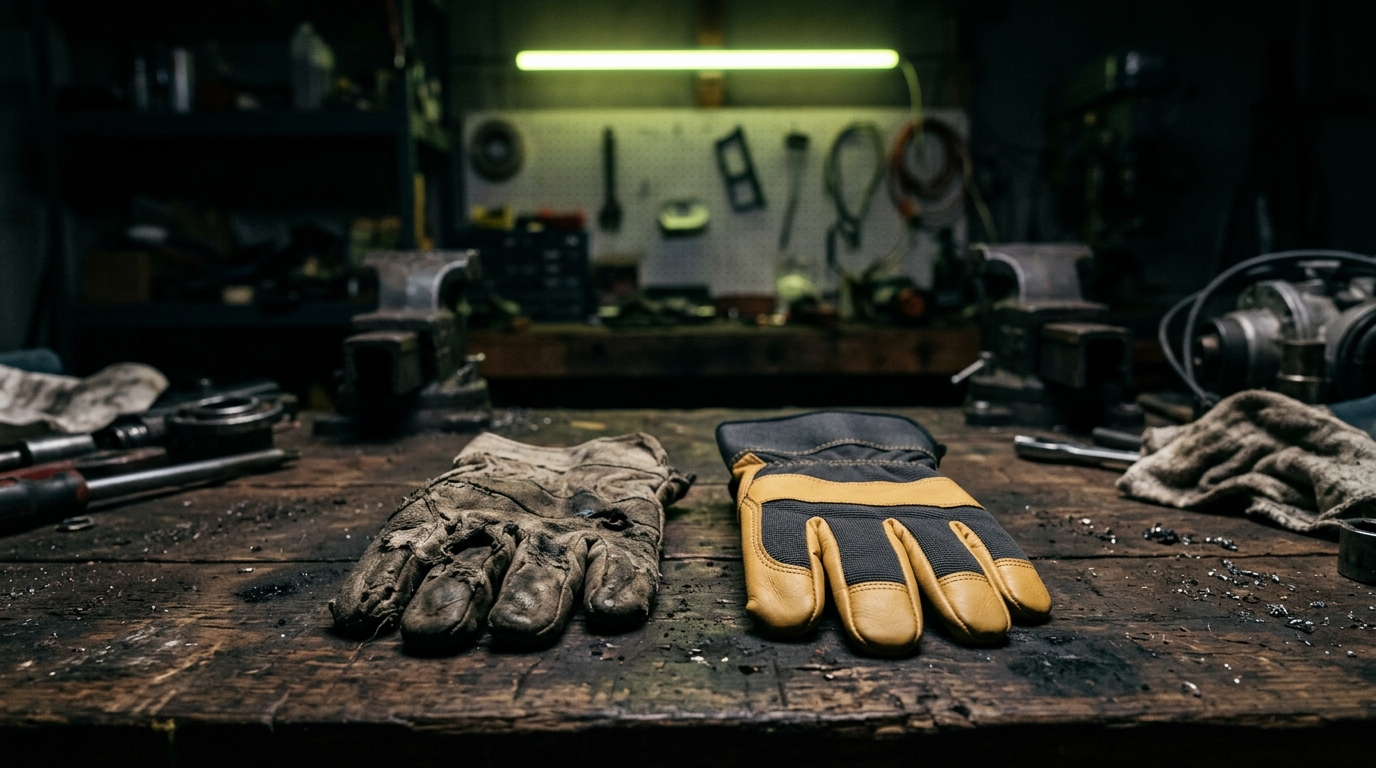 Arbeitshandschuhe wechseln: abgenutzter und neuer Schutzhandschuh nebeneinander