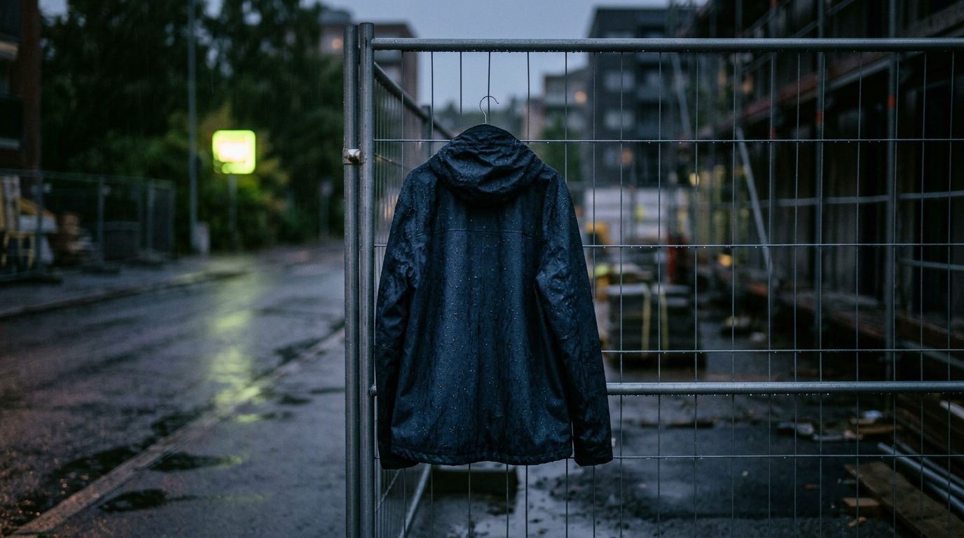 Arbeitsjacke Wetterschutz: Regenjacke mit Kapuze an einem Bauzaun im Regen