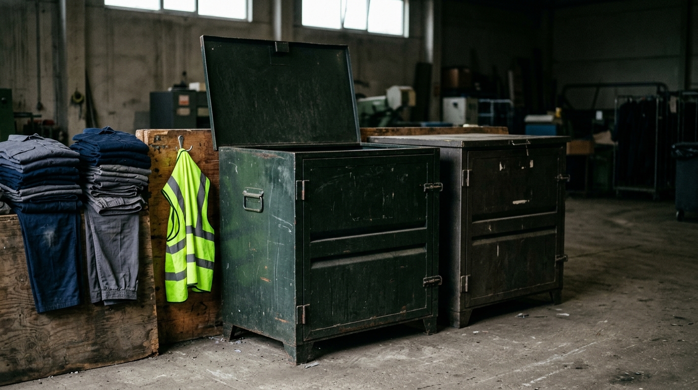 Arbeitskleidung entsorgen: Sammelbehälter für Alttextilien in einem Betrieb