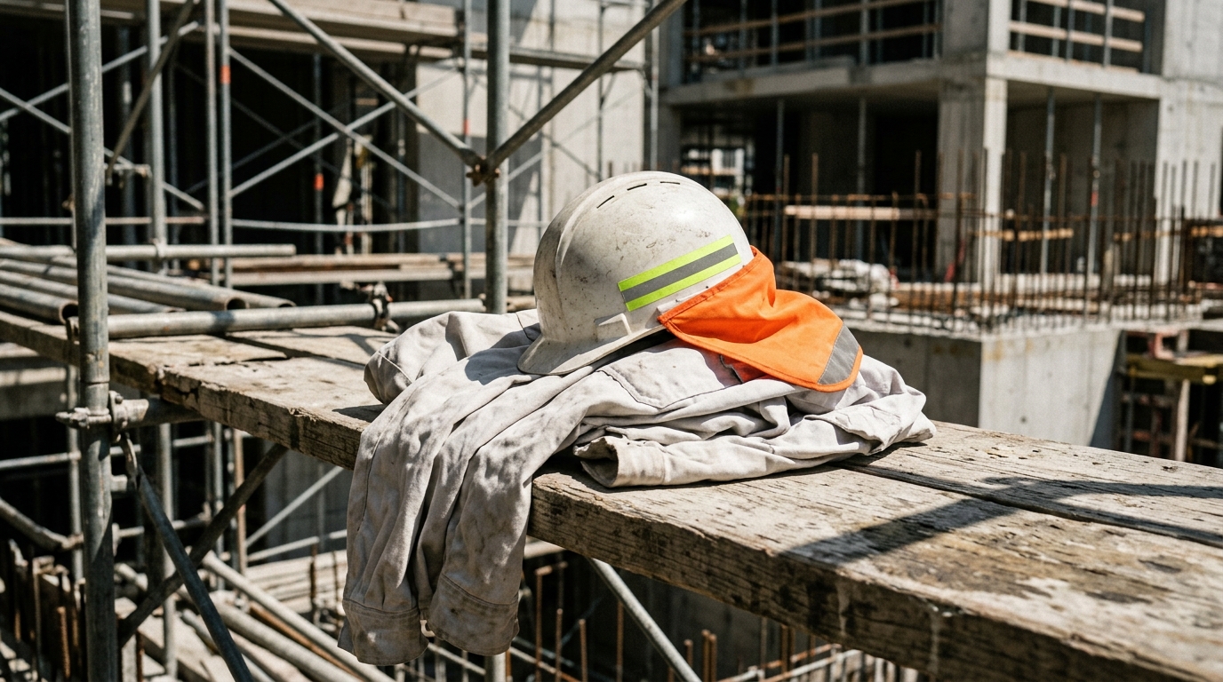 Arbeitskleidung Sommer: helles Langarmshirt und Kopfbedeckung mit Nackenschutz auf einer Baustelle