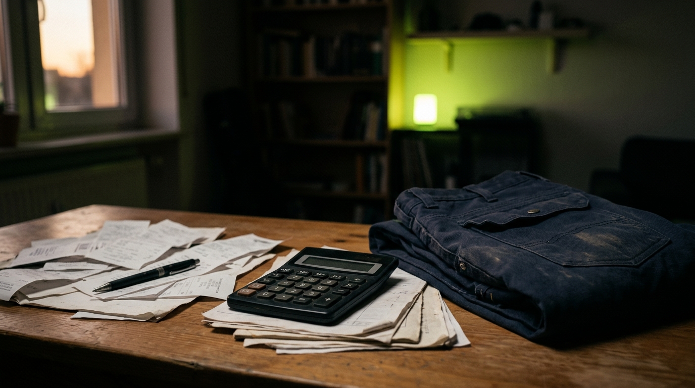 Arbeitskleidung Steuer: Belege und Arbeitshose auf einem Schreibtisch