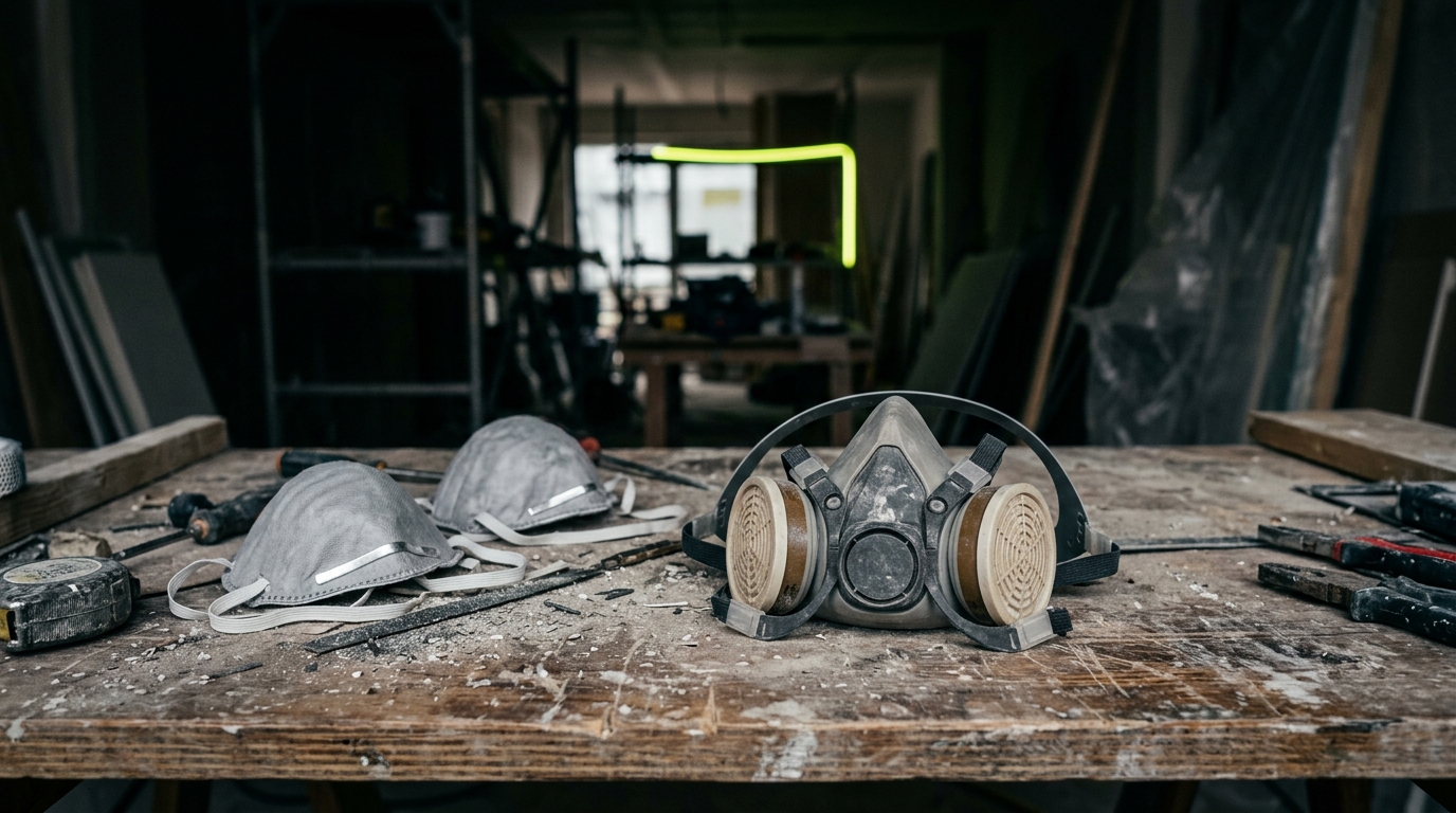 Atemschutz FFP2 FFP3: filtrierende Halbmasken auf einer Werkbank