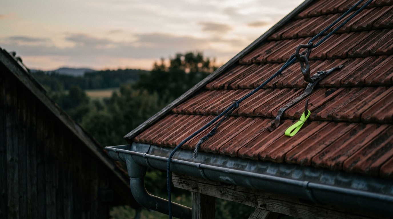 Dachdecker: Steildach mit Sicherungsseil und Anschlagpunkt