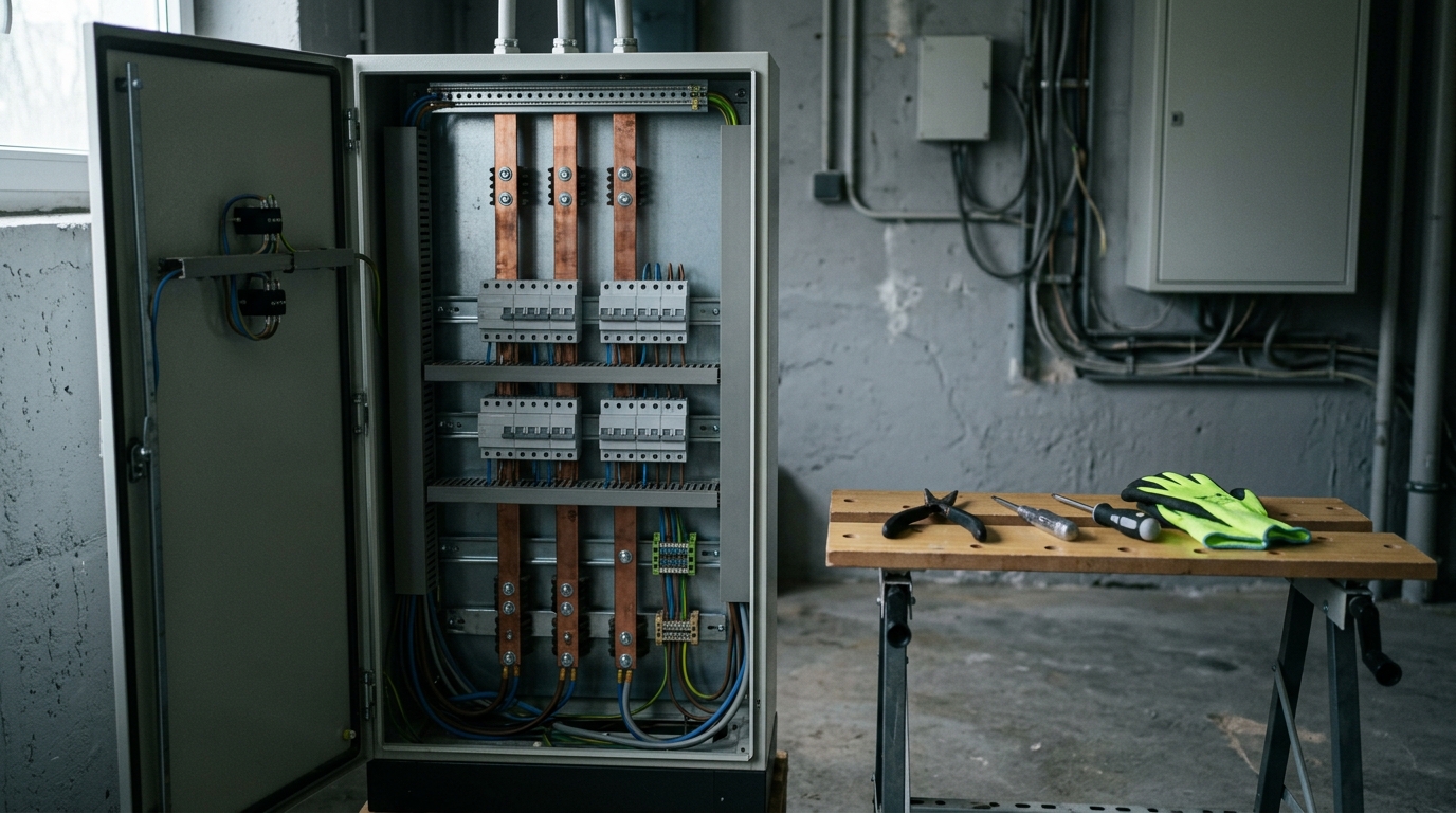 Elektrotechnik: offener Schaltschrank mit isolierten Werkzeugen