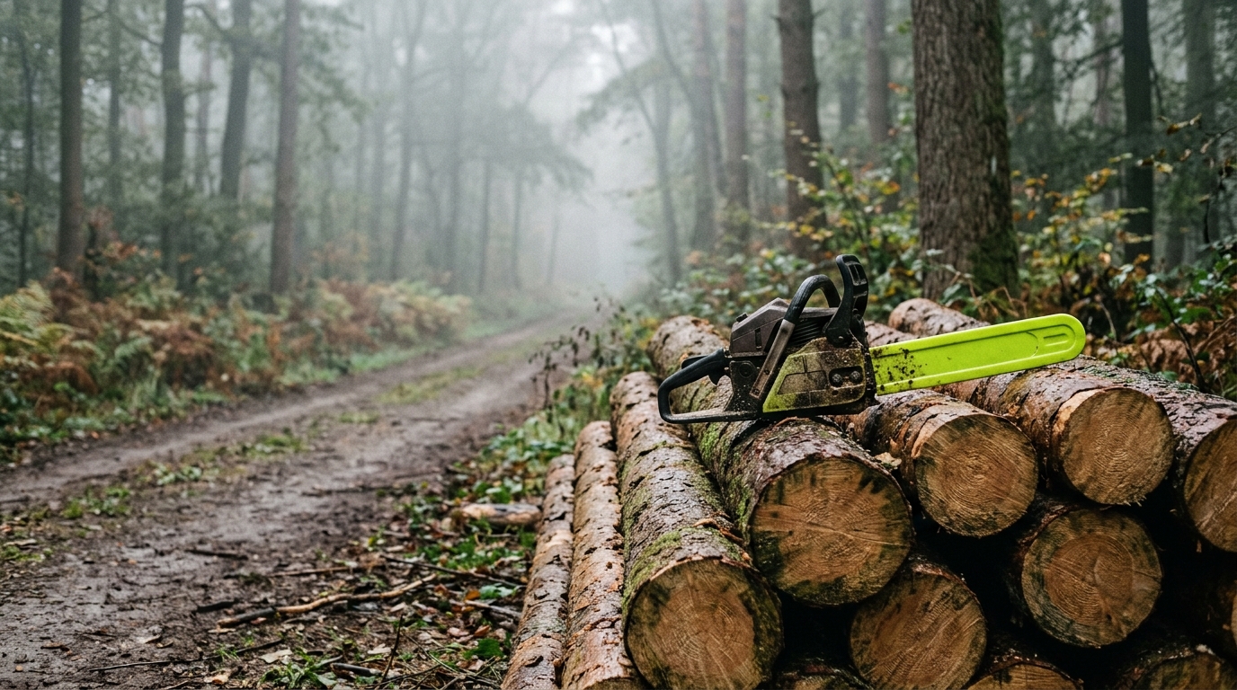 Forstwirtschaft: Holzstapel mit Motorsäge im Morgennebel