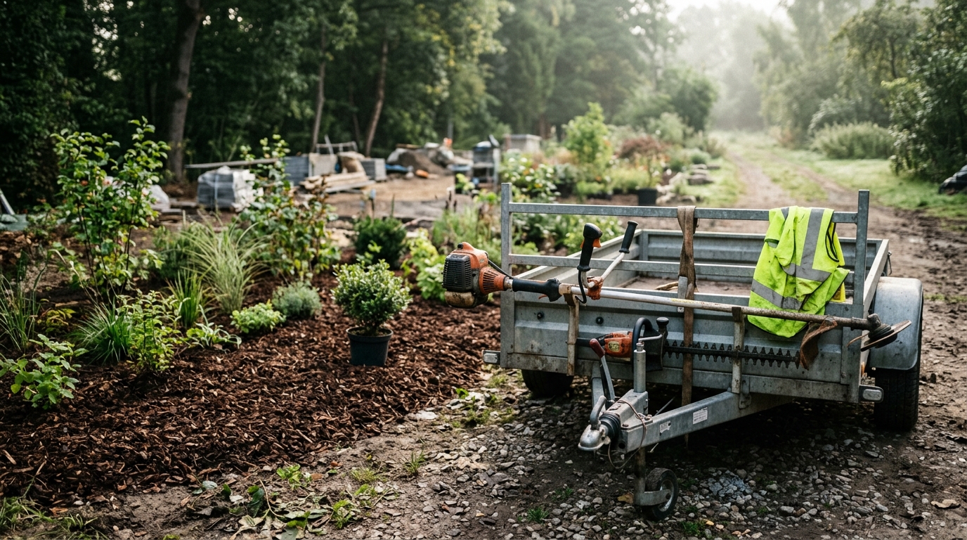 Garten- und Landschaftsbau: Geräte und Material an einem Anhänger