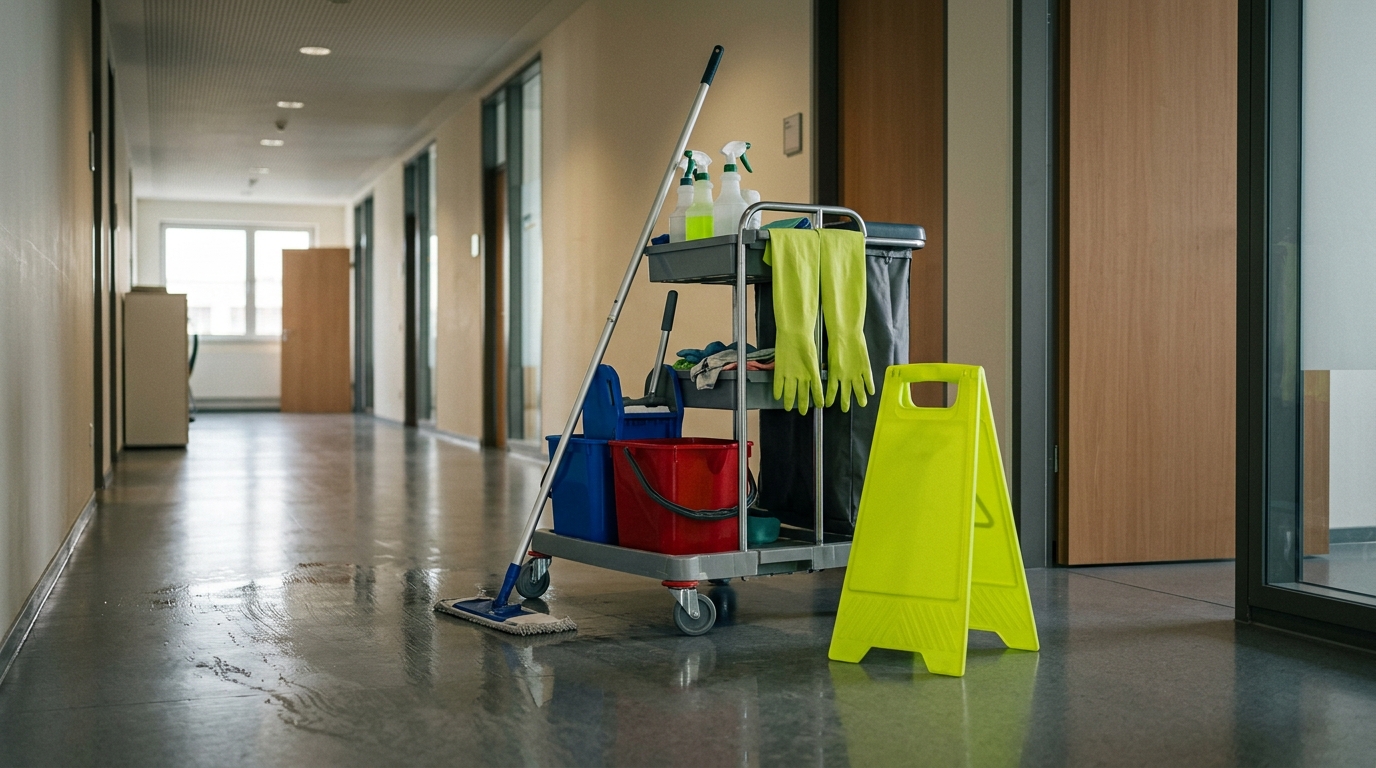 Gebäudereinigung: Reinigungswagen mit Schutzhandschuhen im Bürogang