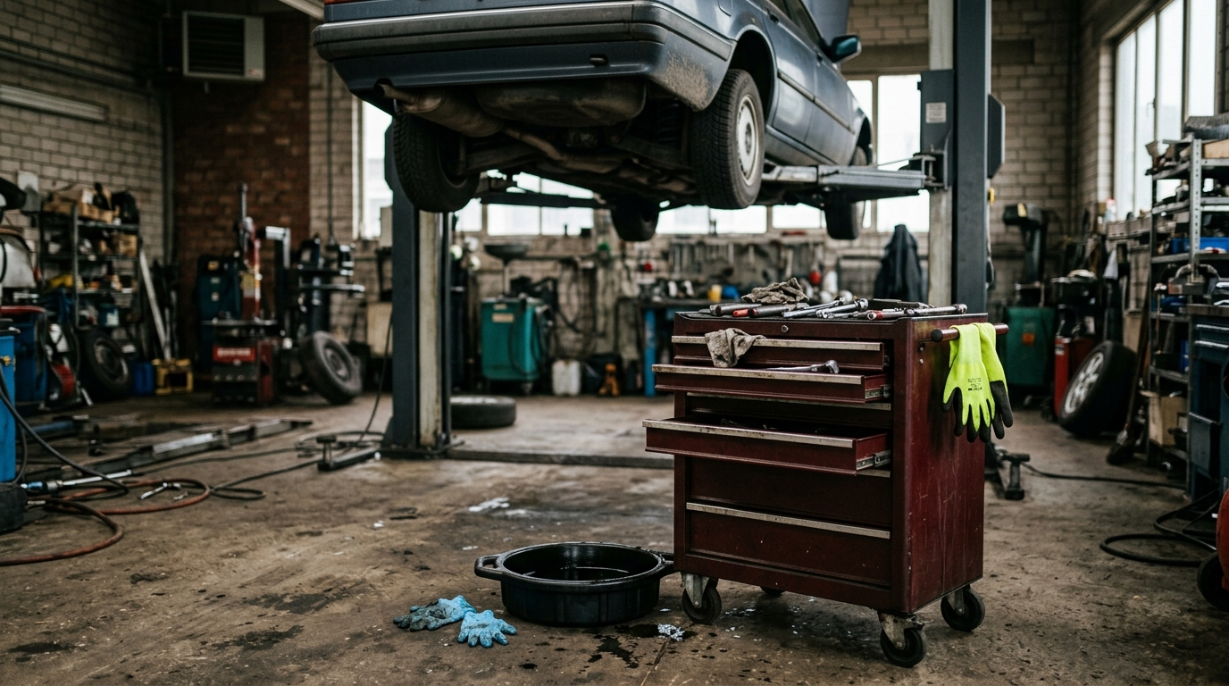 Kfz-Werkstatt: Hebebühne, Werkzeugwagen und Handschuhe