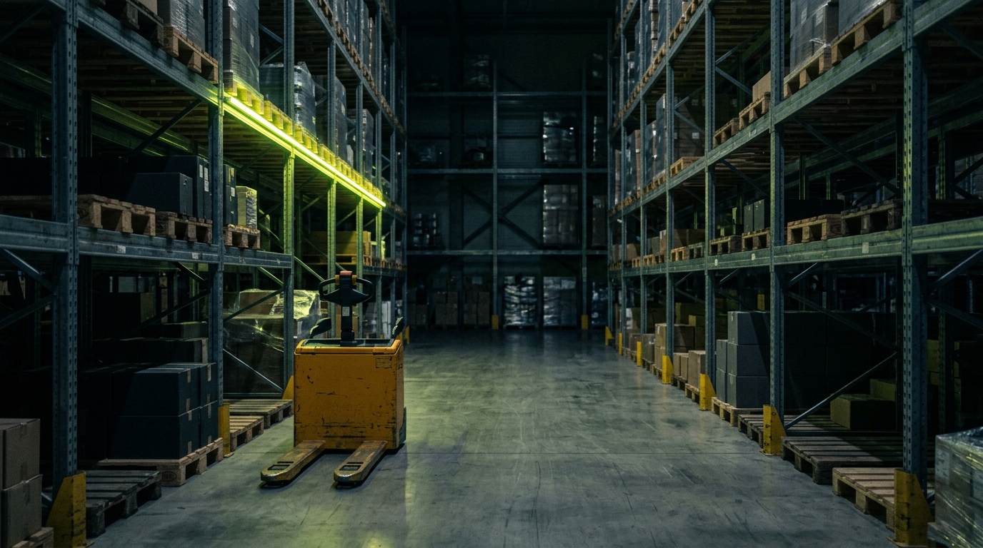 Lager und Logistik: Palettenregale und Hubwagen in einer Halle