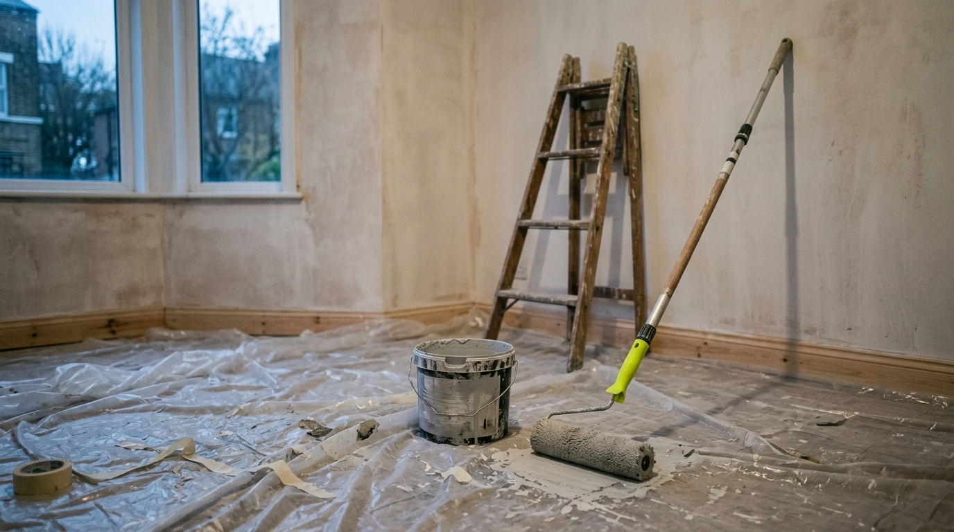 Maler und Lackierer: leerer Raum mit Abdeckung, Farbeimer und Leiter