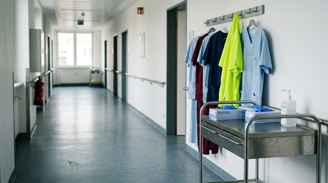 Pflege und Klinik: Stationsflur mit Handschuhspender und Kasacks