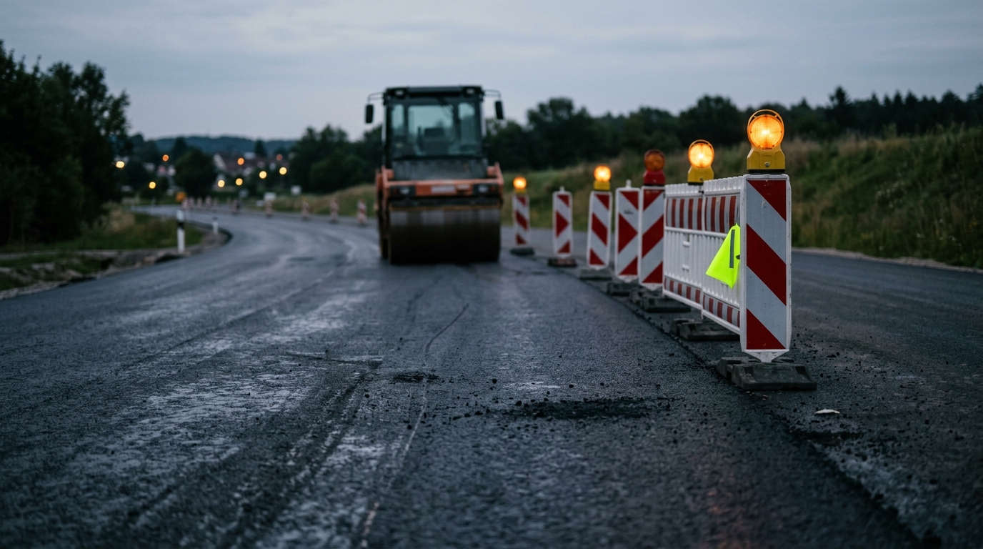 Strassen- und Tiefbau: Baustelle mit Absperrung und Walze am Abend