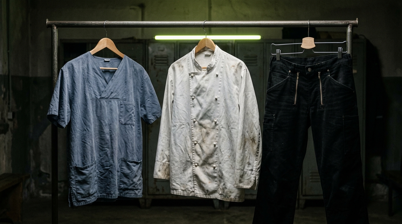 Berufskleidung Branchen: Kasack, Kochjacke und Zunfthose nebeneinander auf einer Stange