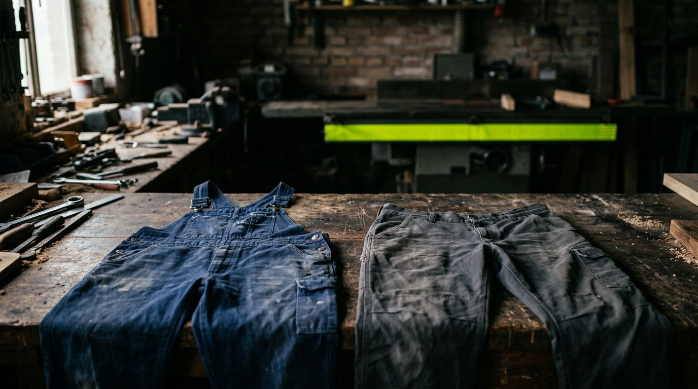 Bundhose Latzhose Unterschied: Latzhose und Bundhose nebeneinander auf einer Werkbank
