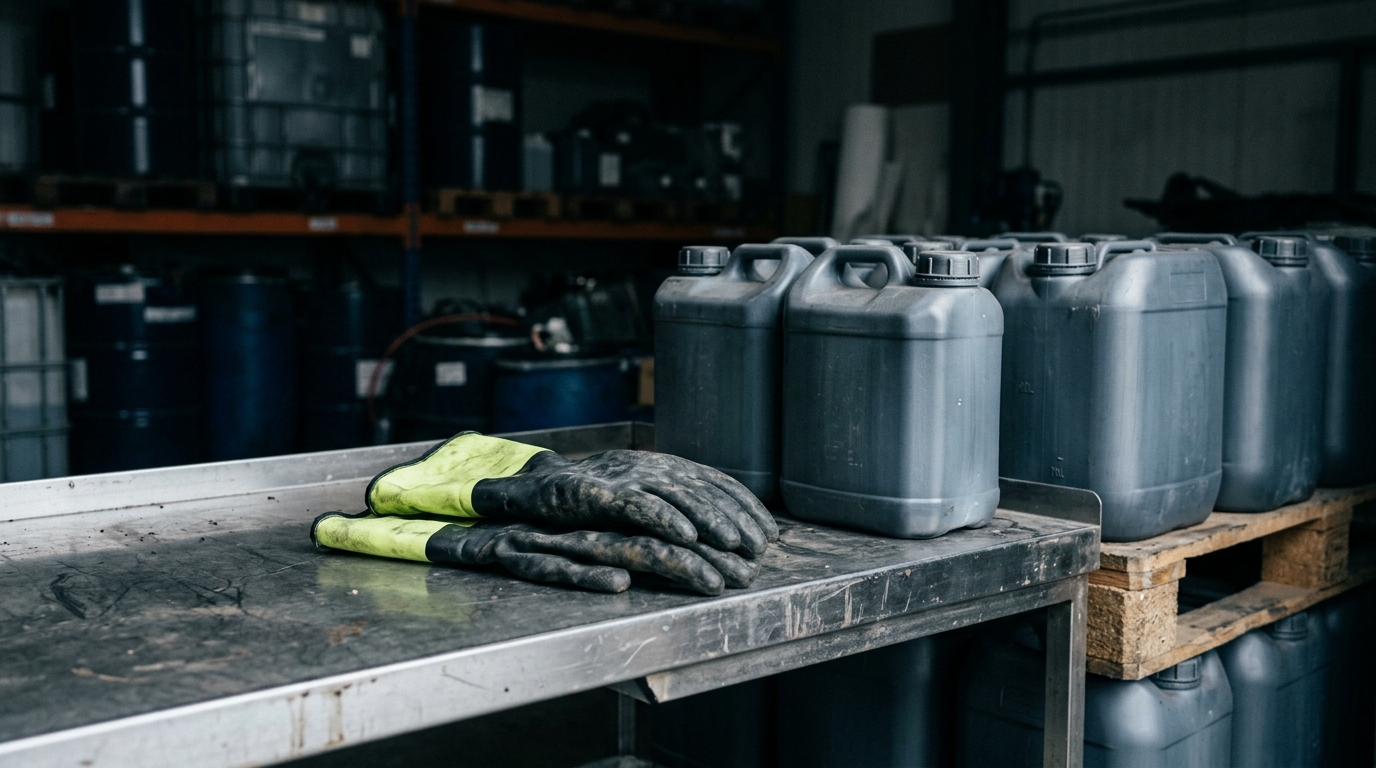 Chemikalienschutzhandschuhe: dicke Schutzhandschuhe neben Kanistern im Lager