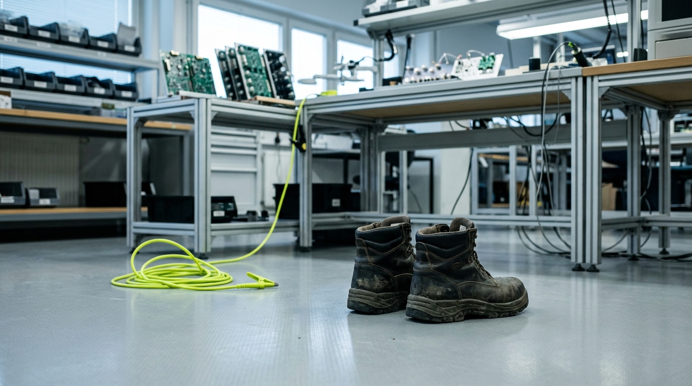 ESD-Schuhe: Arbeitsschuhe auf dem ableitfähigen Boden einer Elektronikfertigung