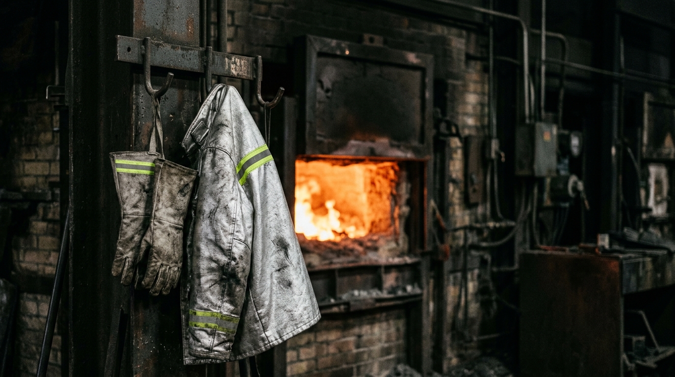 Hitzeschutzkleidung: Schutzjacke und Handschuhe vor einem Industrieofen