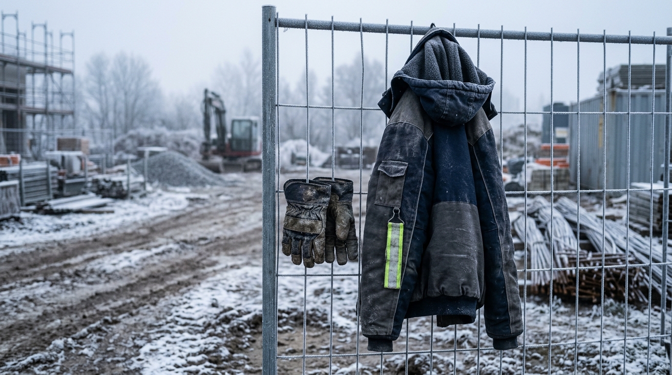 Kälteschutz Arbeitskleidung: Winterjacke und gefütterte Handschuhe an einem Bauzaun bei Frost