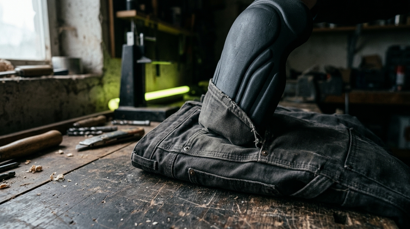 Kniepolster Arbeitshose: Polster wird in die Knietasche einer Arbeitshose geschoben