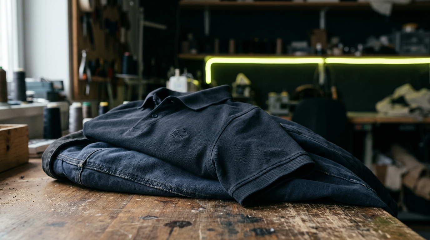 Logo auf Arbeitskleidung: besticktes Polo und bedruckte Jacke auf einer Werkbank