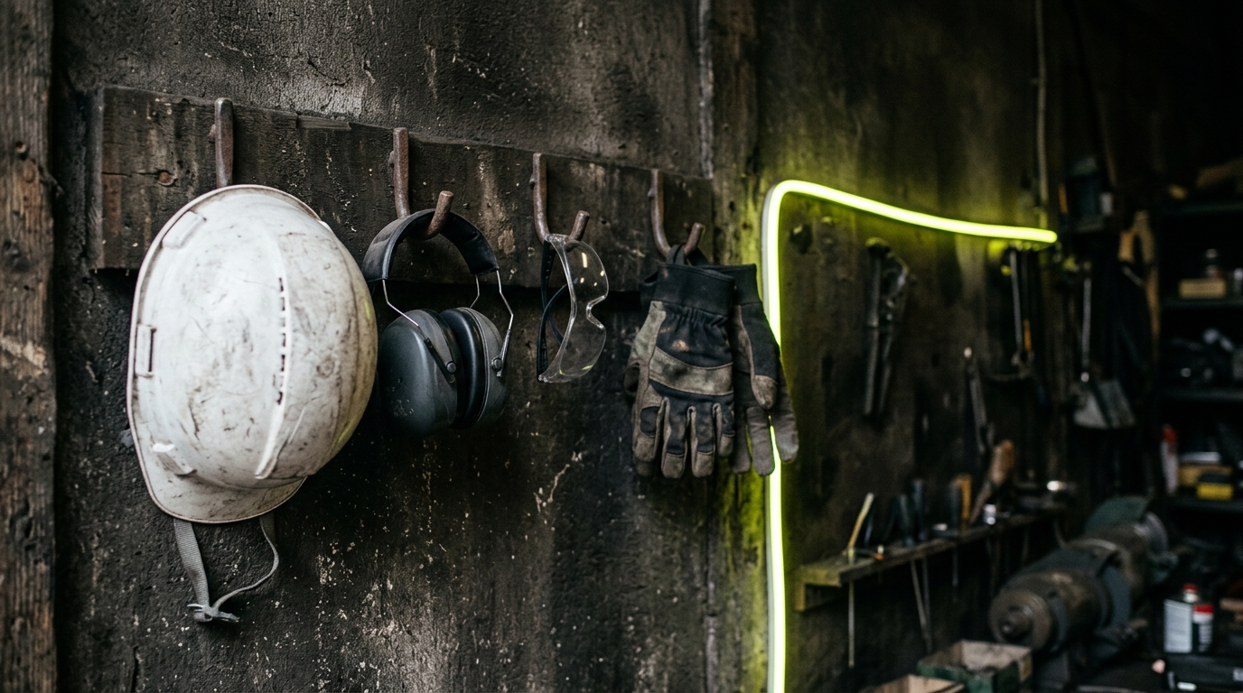 PSA Pflicht: Schutzausrüstung an einer Werkstattwand, Helm, Gehörschutz und Handschuhe