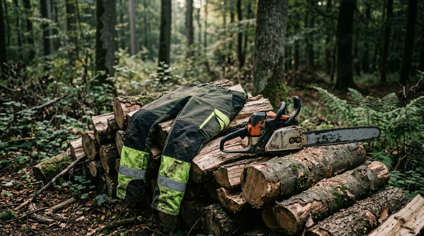 Schnittschutzhose Klasse: Forstarbeitshose und Motorsäge auf einem Holzstapel im Wald