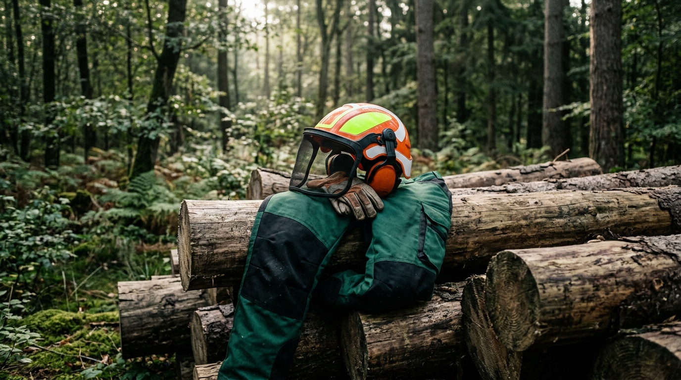 Schnittschutzhose Pflicht: Forsthose und Helm mit Gesichtsschutz an einem Holzstapel