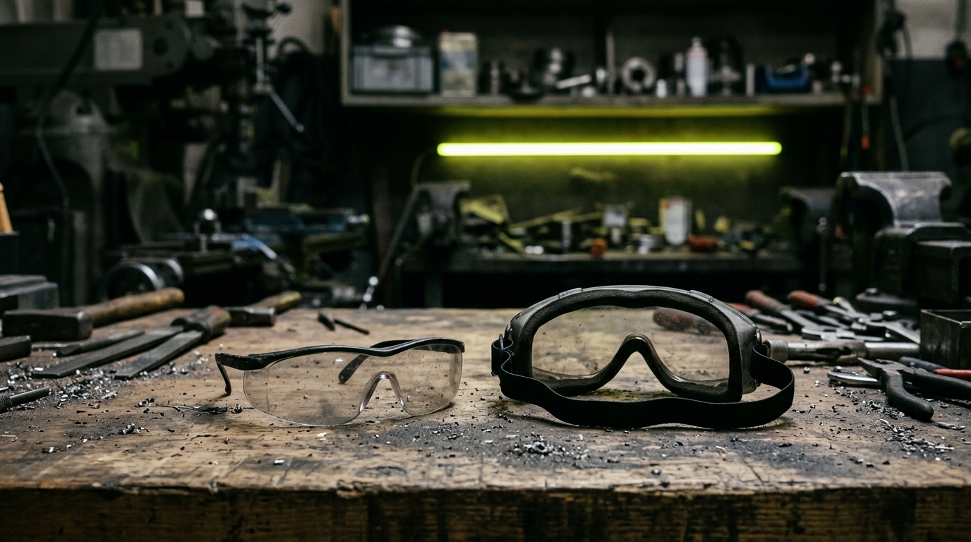 Schutzbrille EN 166: Bügelbrille und Korbbrille auf einer Werkbank