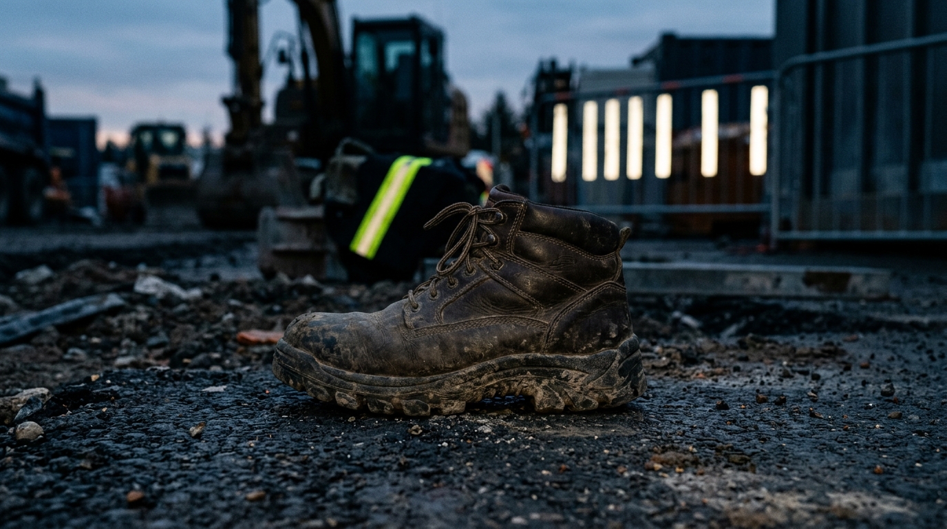 Schutzklassen bei Sicherheitsschuhen: Arbeitsschuhe mit Profilsohle auf einer Baustelle im Abendlicht
