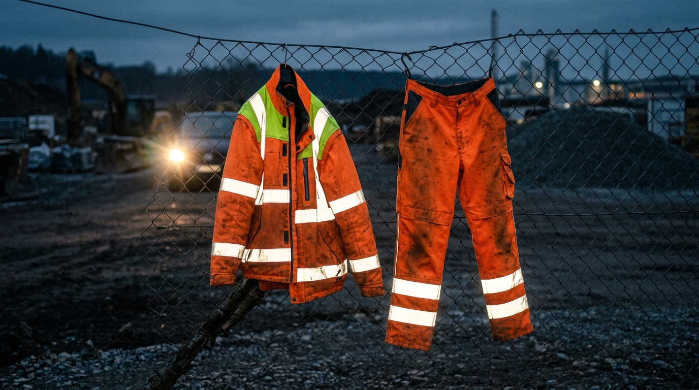 Warnschutzkleidung Klassen: Warnjacke und Warnhose mit Reflexstreifen an einer Baustelle