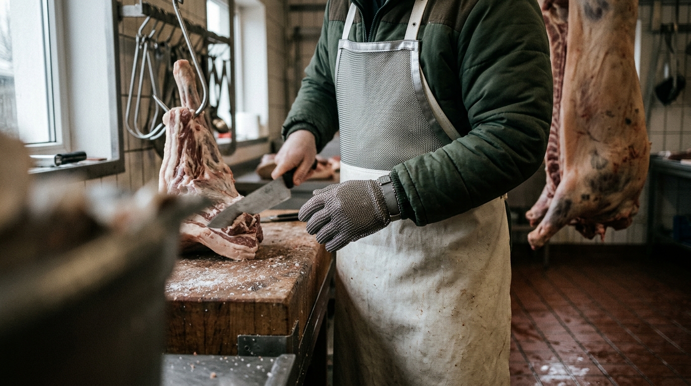 Fleischerei: Zerlegung mit Stechschutzschürze und Metallringgeflechthandschuh