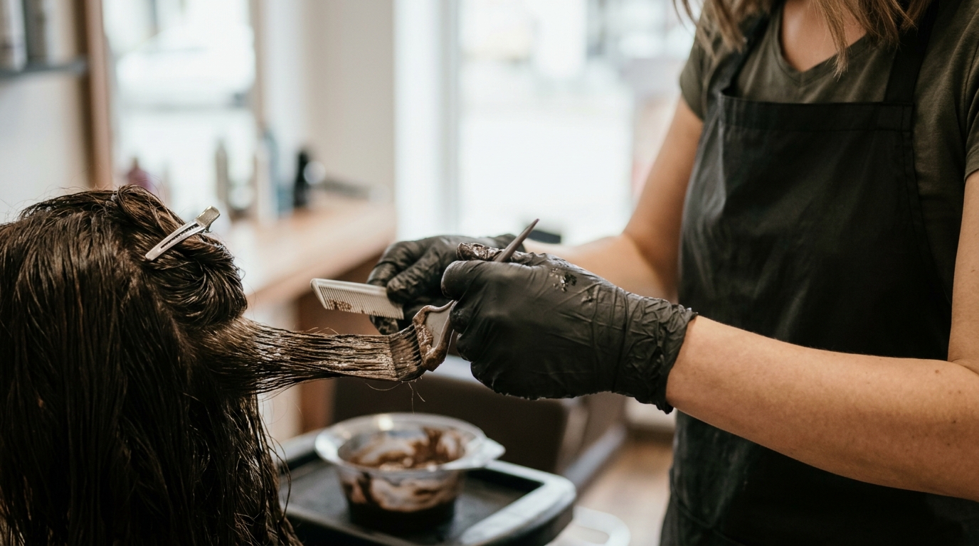 Friseurhandwerk: Färbearbeit mit Einmalhandschuhen im Salon