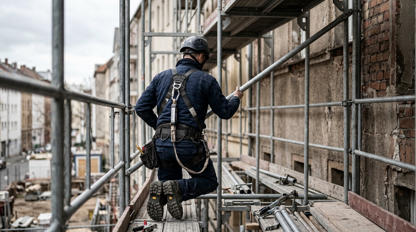 Gerüstbau: Montage eines Fassadengerüsts mit Auffanggurt und Helm