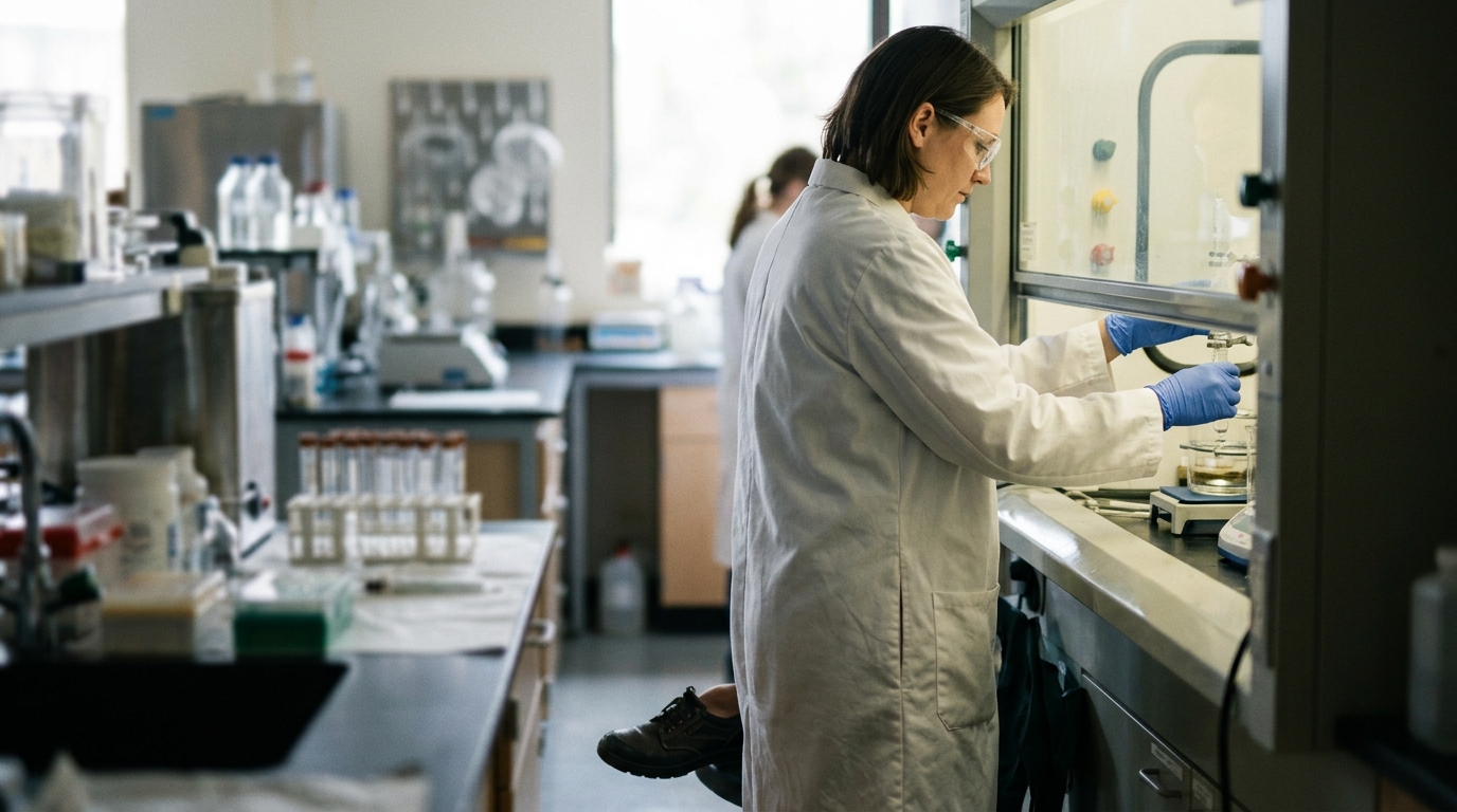 Labor und Chemie: Arbeit am Abzug mit Kittel, Schutzbrille und Handschuhen