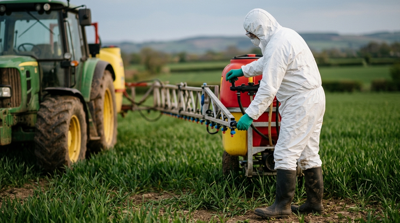 Landwirtschaft: Pflanzenschutzarbeit mit Schutzanzug, Handschuhen und Atemschutz