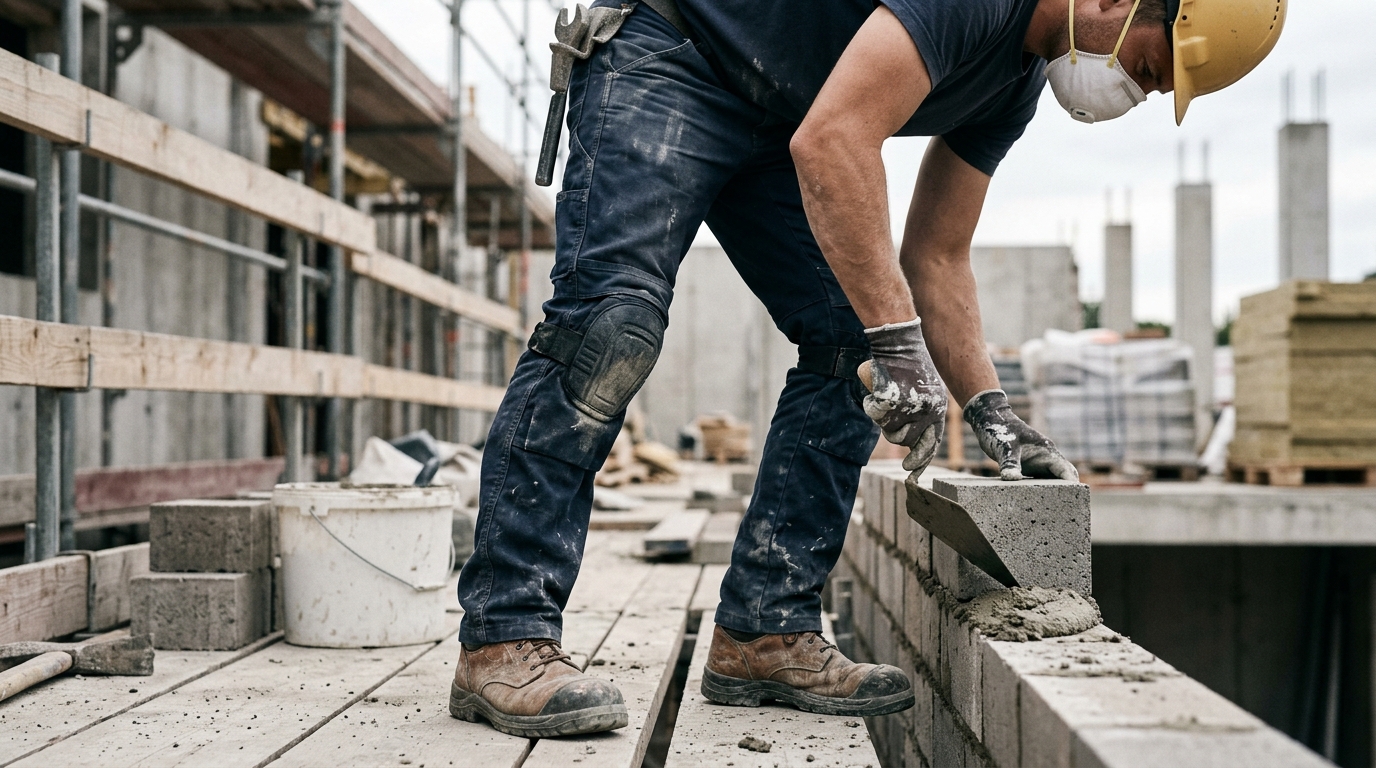 Maurer und Rohbau: Mauerarbeiten mit Helm, Handschuhen und Sicherheitsschuhen