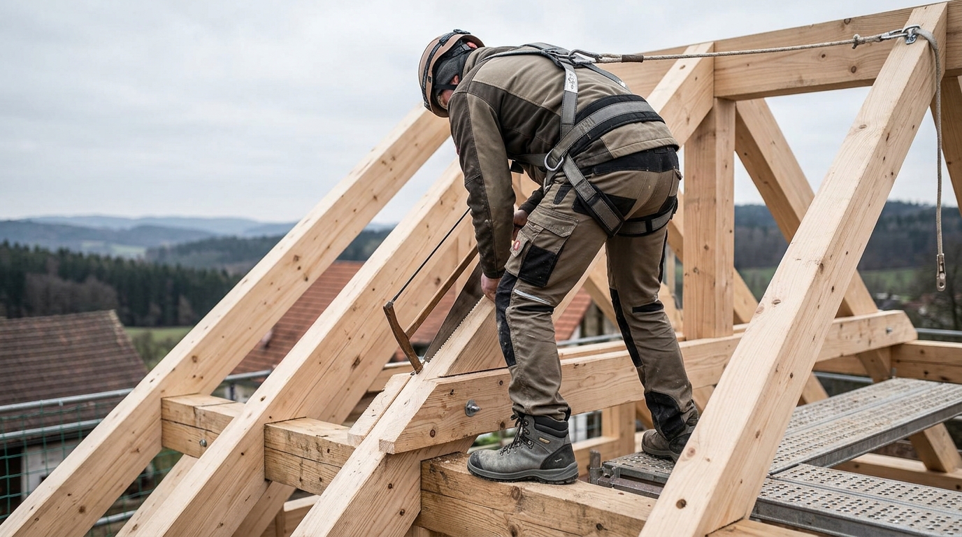 Zimmerer und Holzbau: Arbeit am Dachstuhl mit Auffanggurt und Helm
